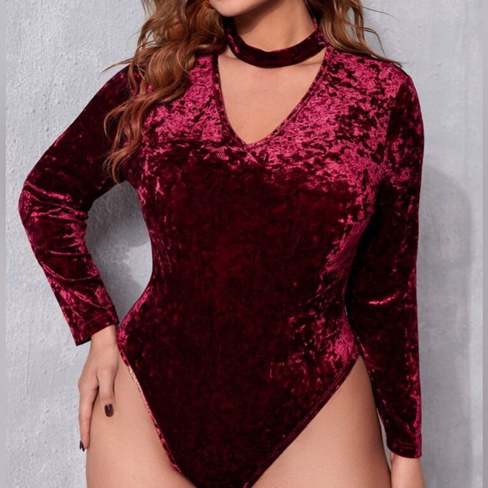 Red/ Burgundy Velvet Bodysuit with Choker Neck